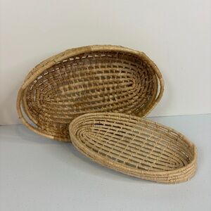 Vintage Woven Rattan Bread Baskets Set Oval Boho Farmhouse Serving Tray Lot of 2